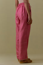 Pink Silk Hand-Block Printed Straight Pants with hand work at hem.