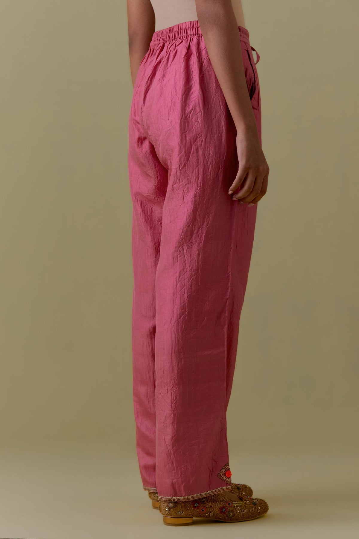 Pink Silk Hand-Block Printed Straight Pants with hand work at hem.
