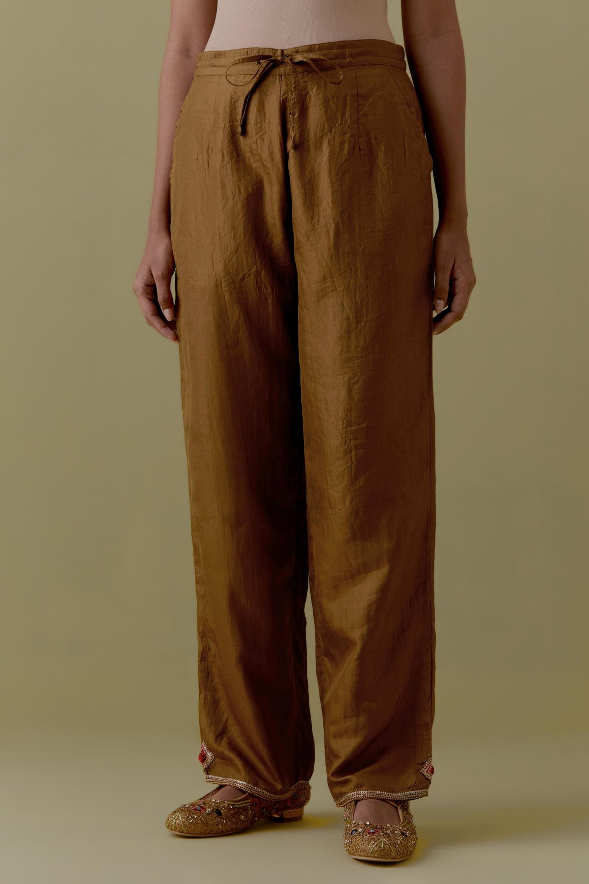 Olive Silk Hand-Block Printed Straight Pants with hand work at hem.