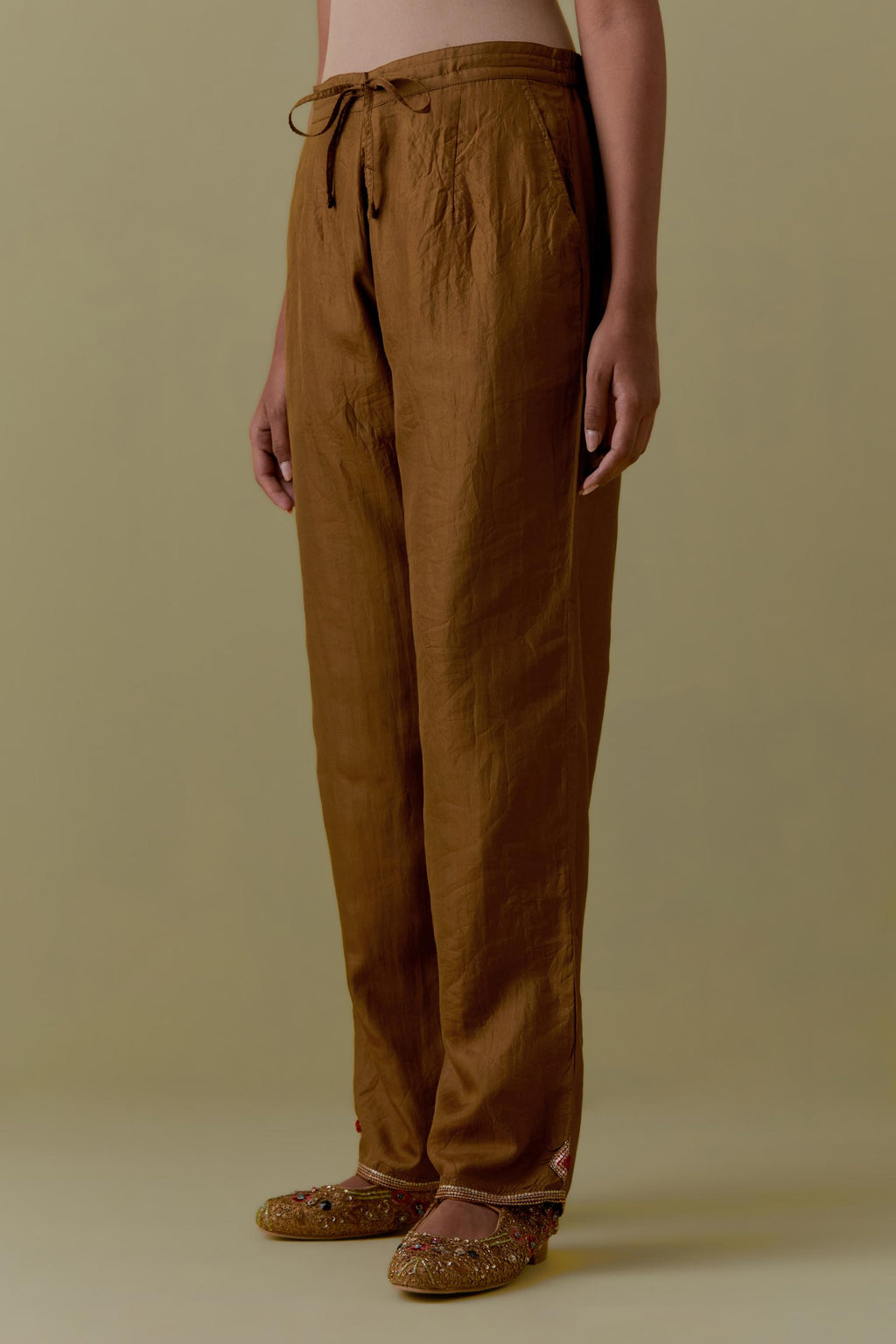 Olive Silk Hand-Block Printed Straight Pants with hand work at hem.