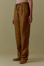 Olive Silk Hand-Block Printed Straight Pants with hand work at hem.
