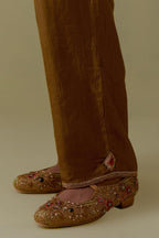 Olive Silk Hand-Block Printed Straight Pants with hand work at hem.