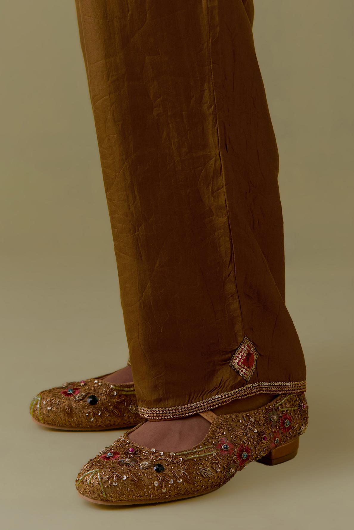 Olive Silk Hand-Block Printed Straight Pants with hand work at hem.