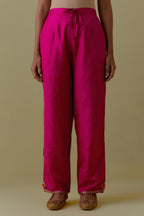 Fuchsia Silk Hand-Block Printed Straight Pants with hand work at hem.