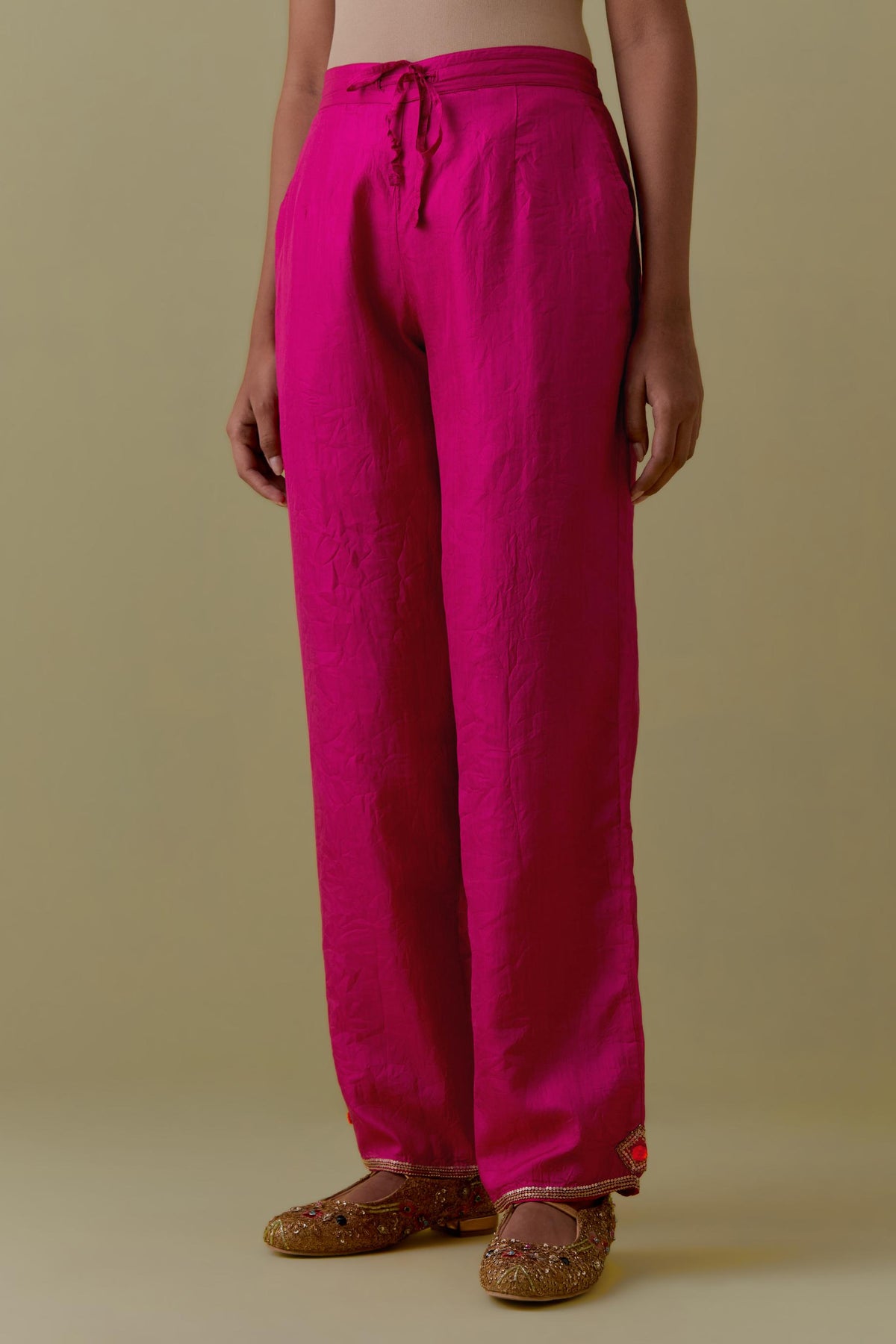 Fuchsia Silk Hand-Block Printed Straight Pants with hand work at hem.