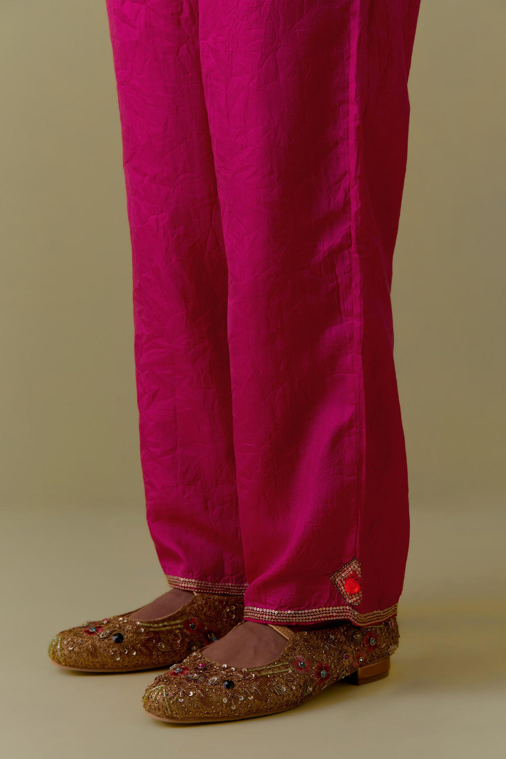 Fuchsia Silk Hand-Block Printed Straight Pants with hand work at hem.