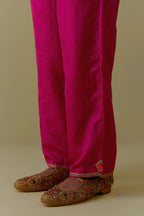 Fuchsia Silk Hand-Block Printed Straight Pants with hand work at hem.
