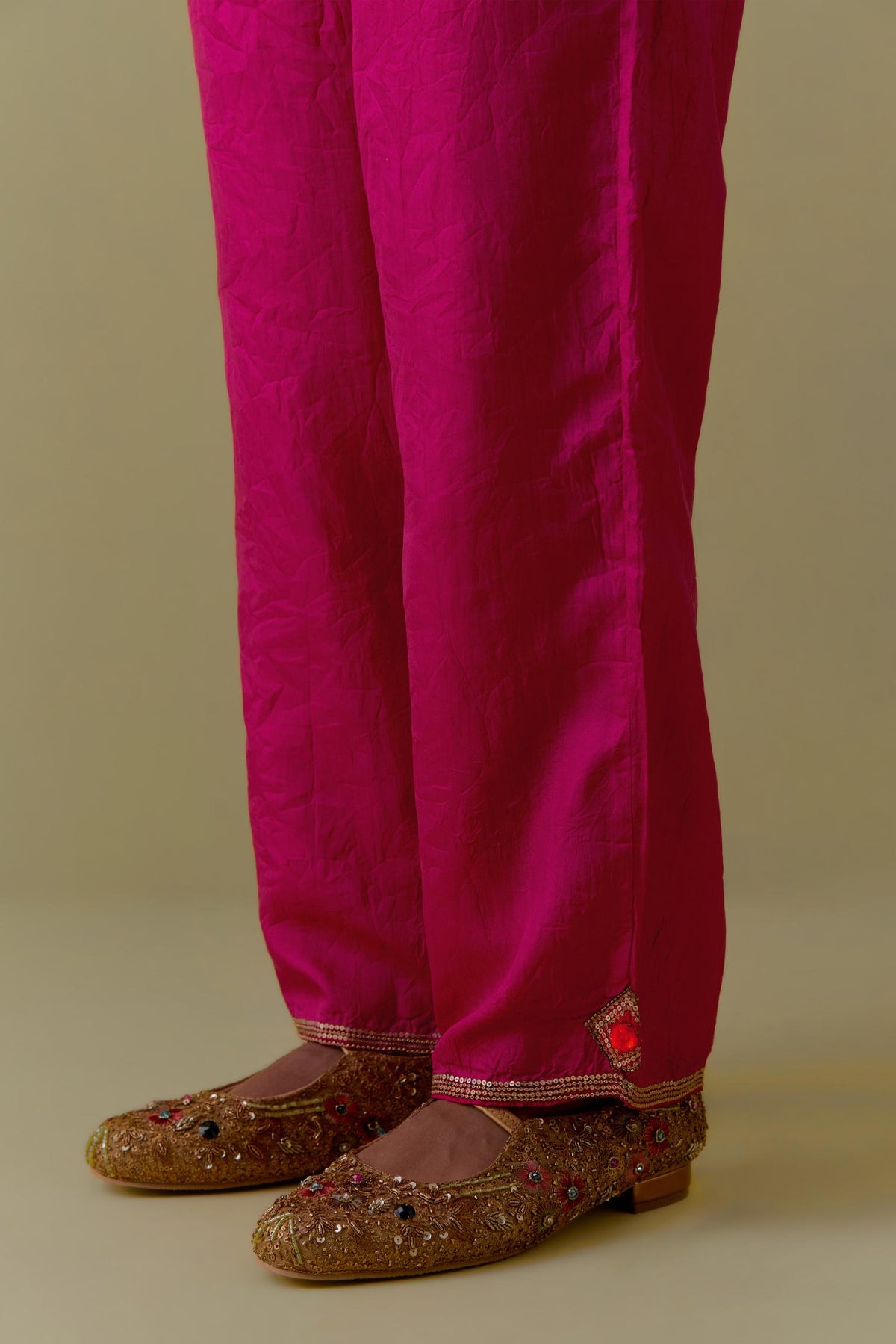 Fuchsia Silk Hand-Block Printed Straight Pants with hand work at hem.
