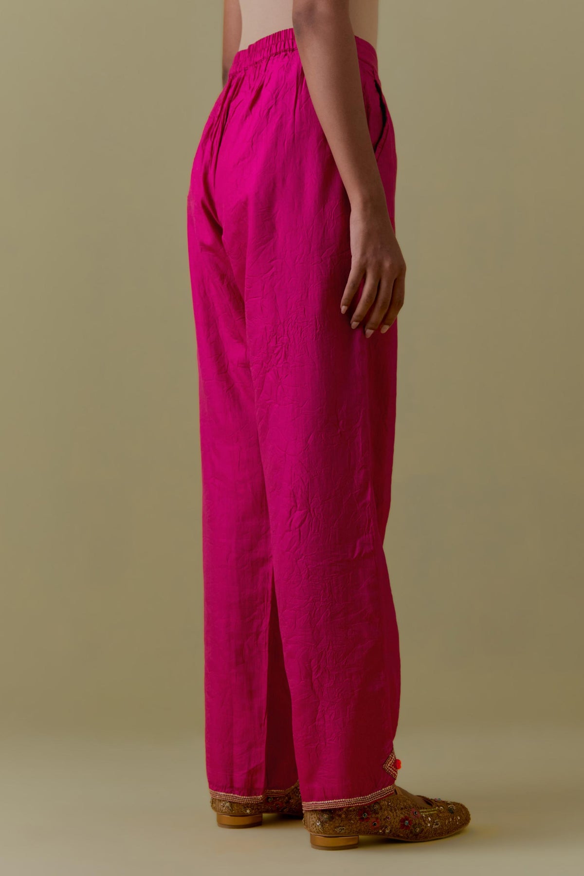 Fuchsia Silk Hand-Block Printed Straight Pants with hand work at hem.