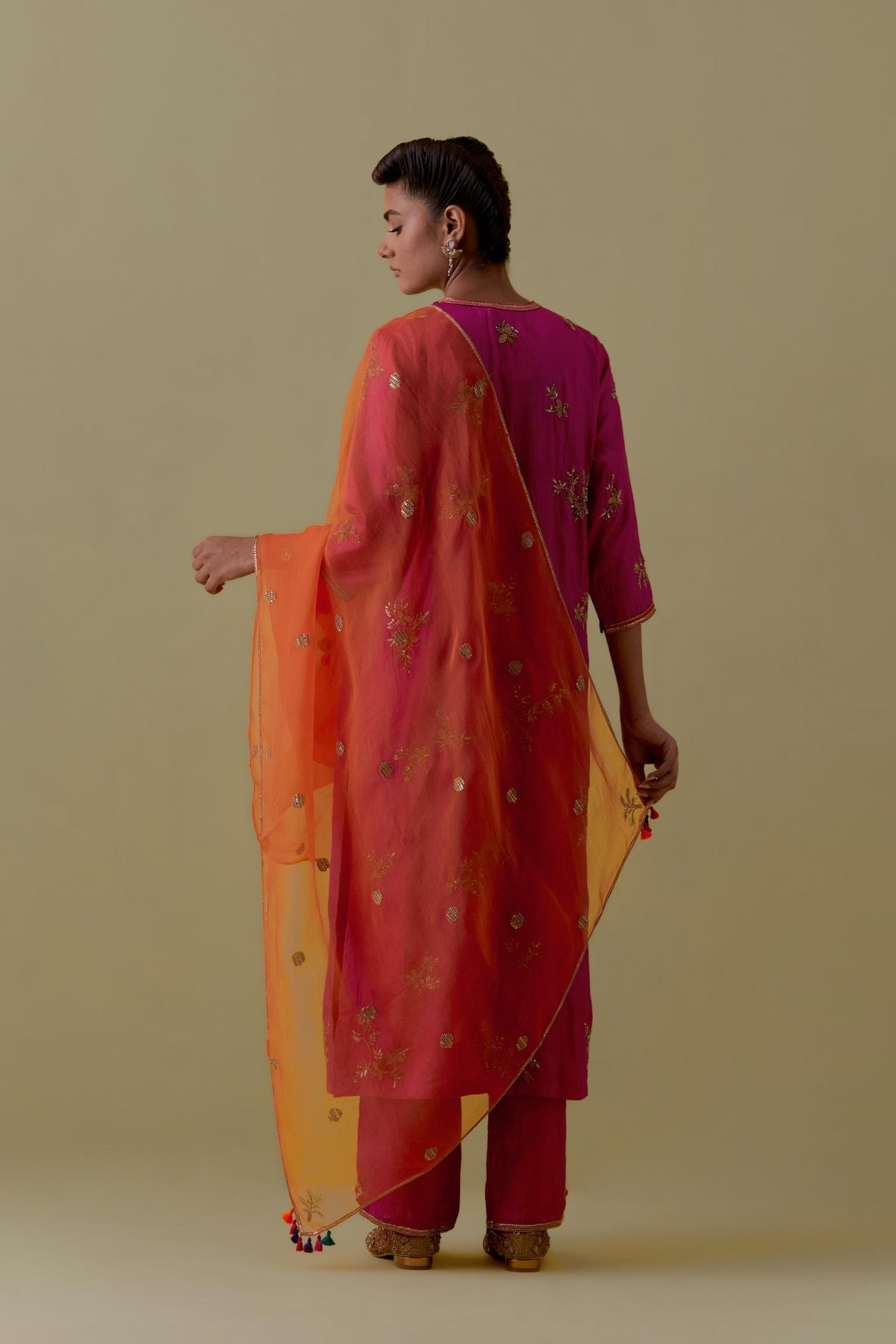 Fuchsia Silk Striaght Kurta set with Hand-Worked Floral Motifs.