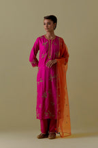 Fuchsia Silk Striaght Kurta set with Hand-Worked Floral Motifs.