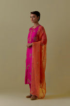 Fuchsia Silk Striaght Kurta set with Hand-Worked Floral Motifs.
