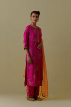 Fuchsia Silk Striaght Kurta set with Hand-Worked Floral Motifs.