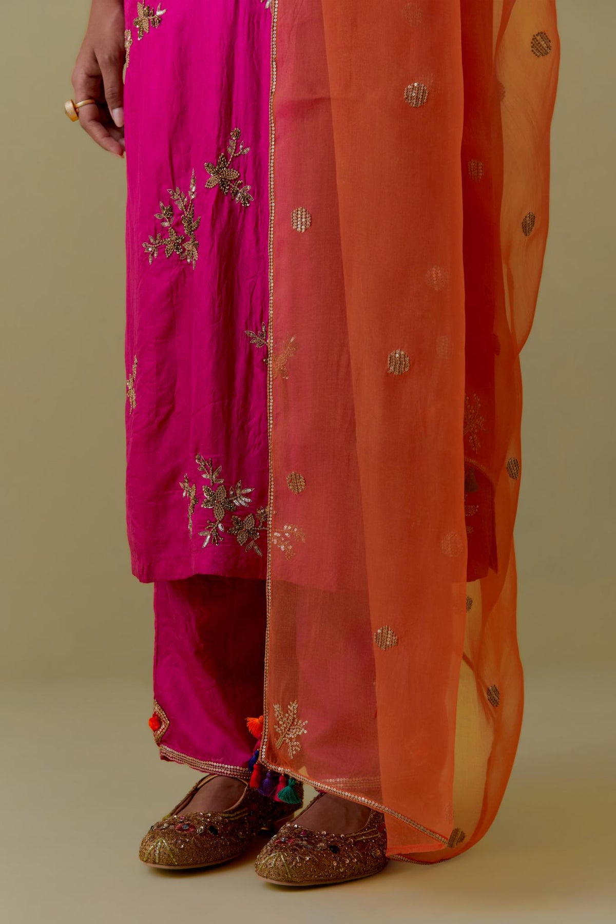 Fuchsia Silk Striaght Kurta set with Hand-Worked Floral Motifs.