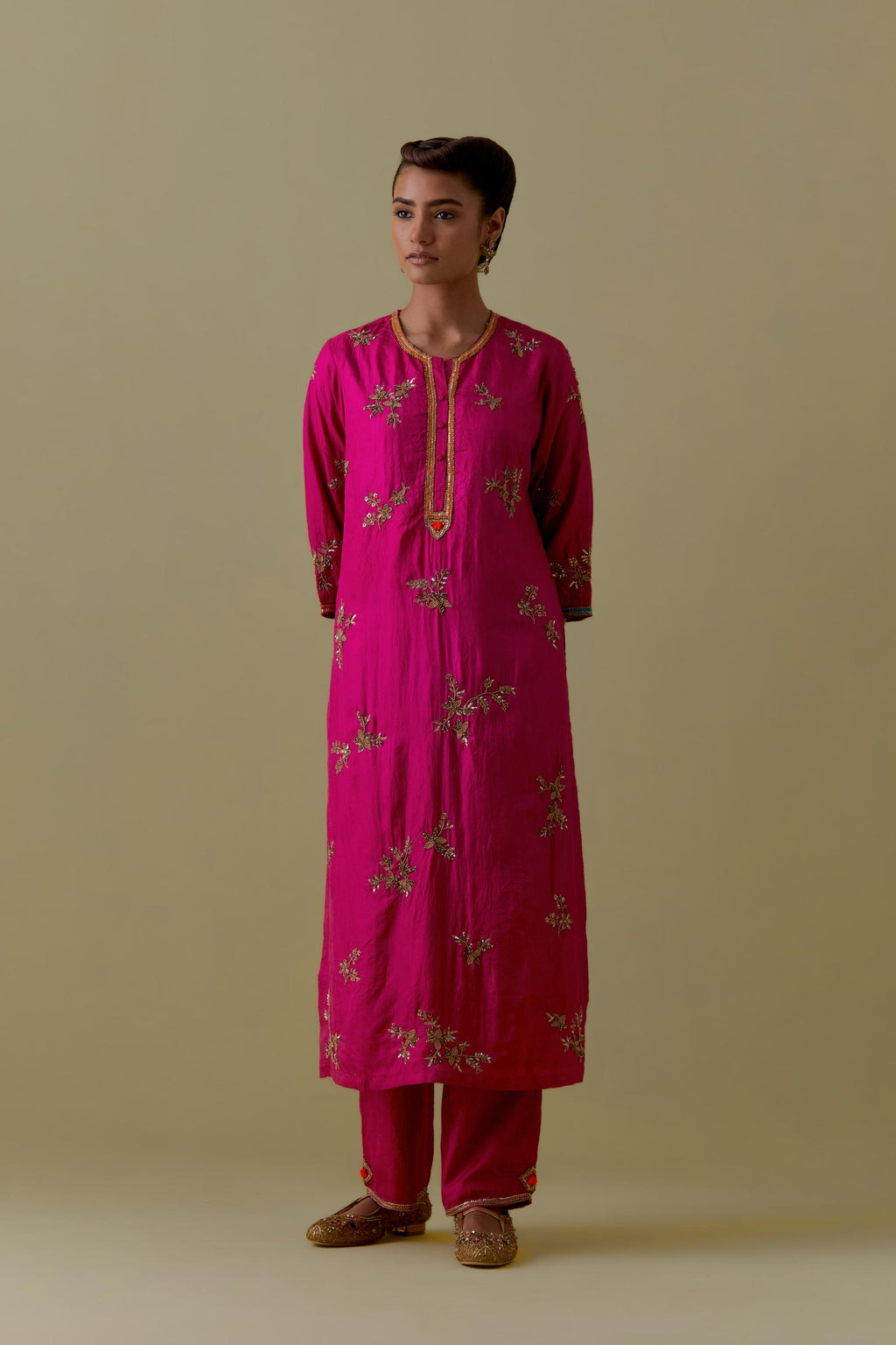 Fuchsia Silk Striaght Kurta set with Hand-Worked Floral Motifs.