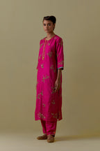 Fuchsia Silk Striaght Kurta set with Hand-Worked Floral Motifs.