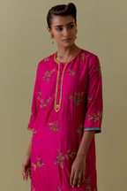Fuchsia Silk Striaght Kurta set with Hand-Worked Floral Motifs.