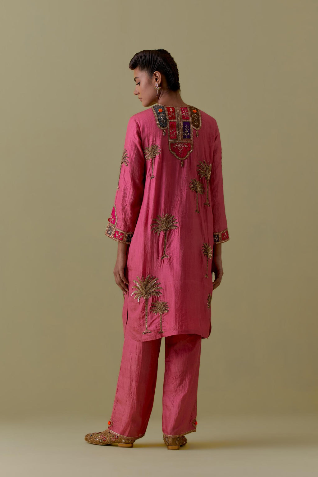 Pink Silk Kurta set with Multicoloured Appliqué & Palm Motifs.