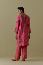 Pink Silk Kurta set with Multicoloured Appliqué & Palm Motifs.