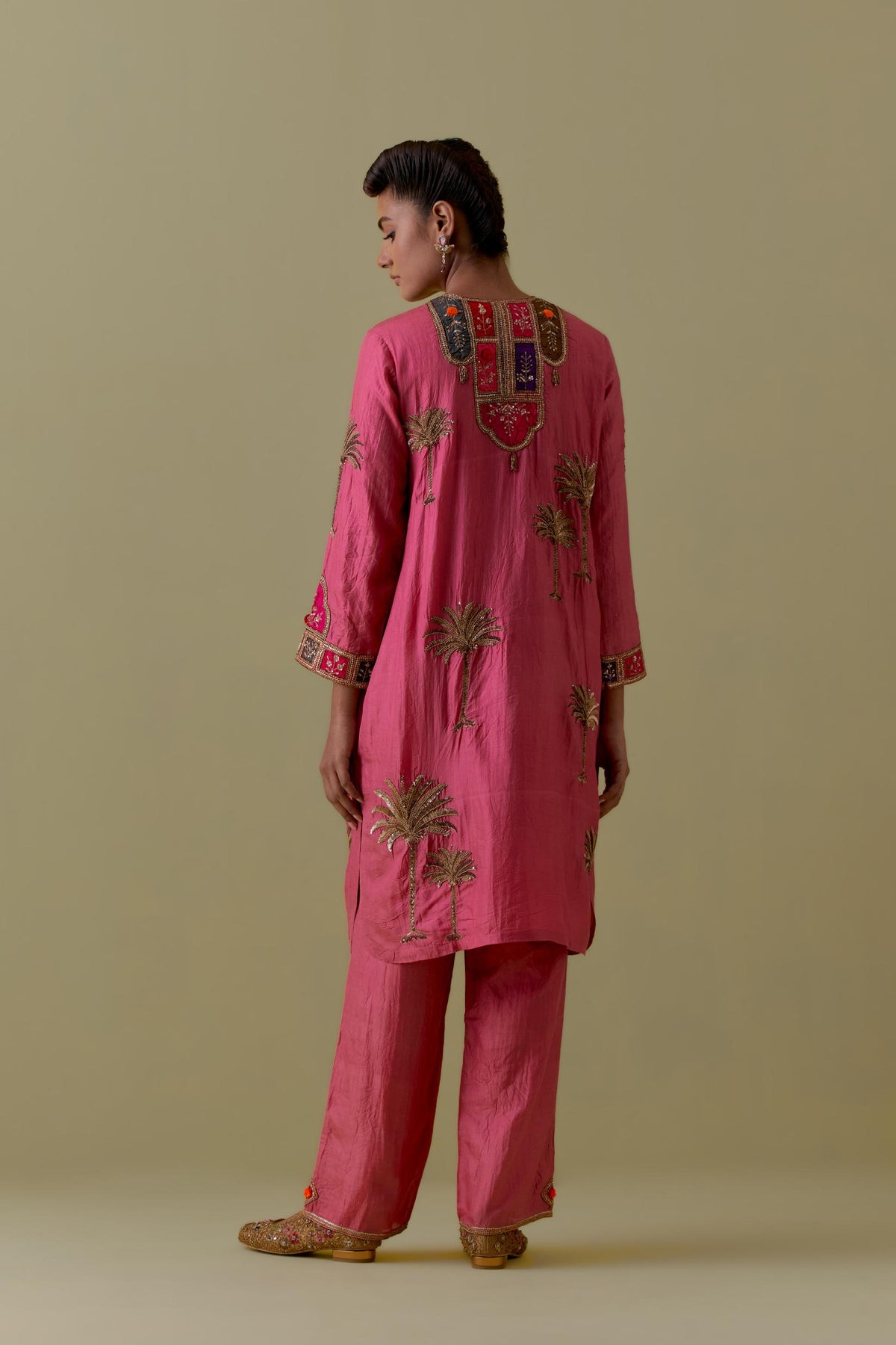 Pink Silk Kurta set with Multicoloured Appliqué & Palm Motifs.