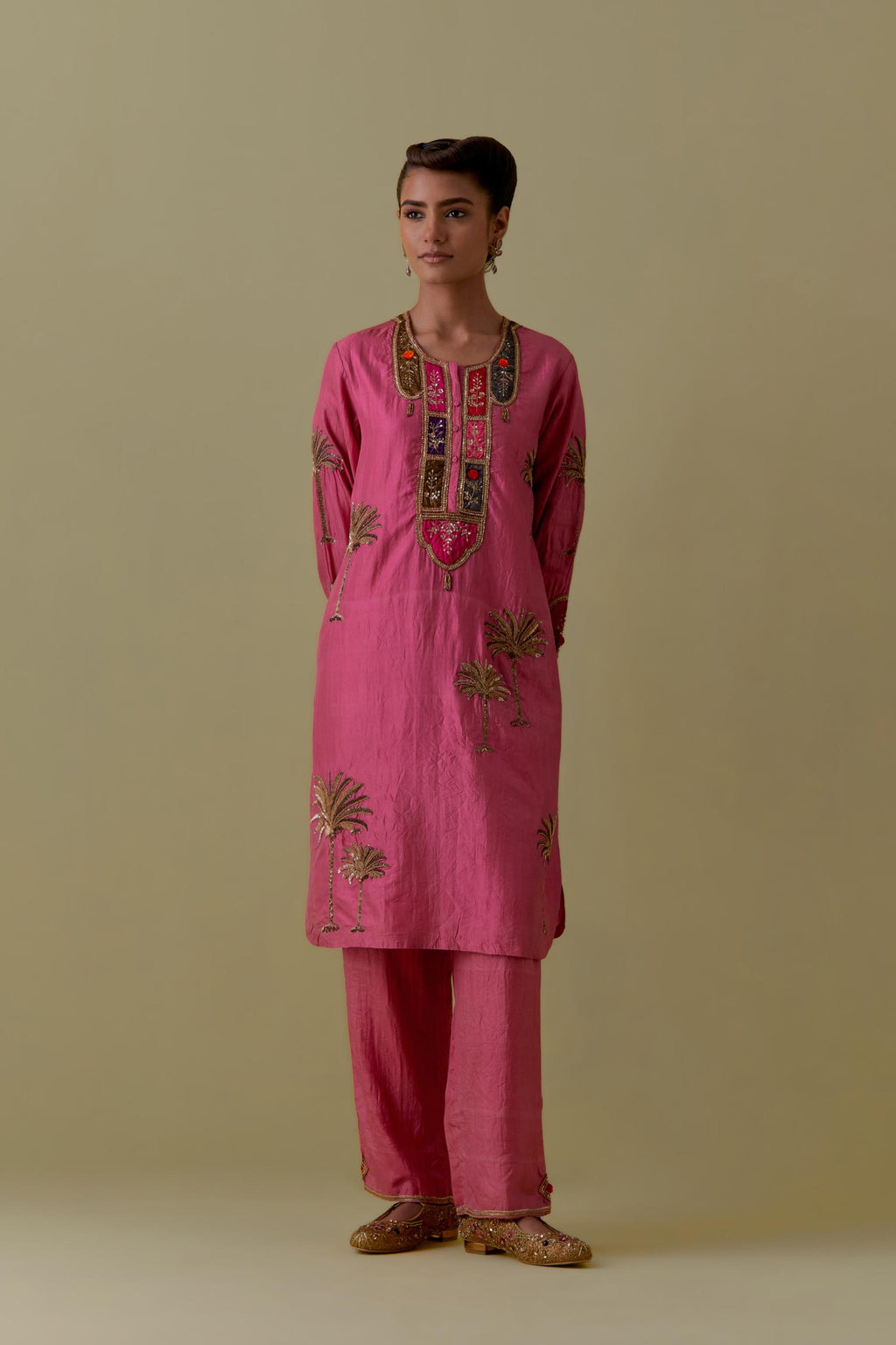 Pink Silk Kurta set with Multicoloured Appliqué & Palm Motifs.