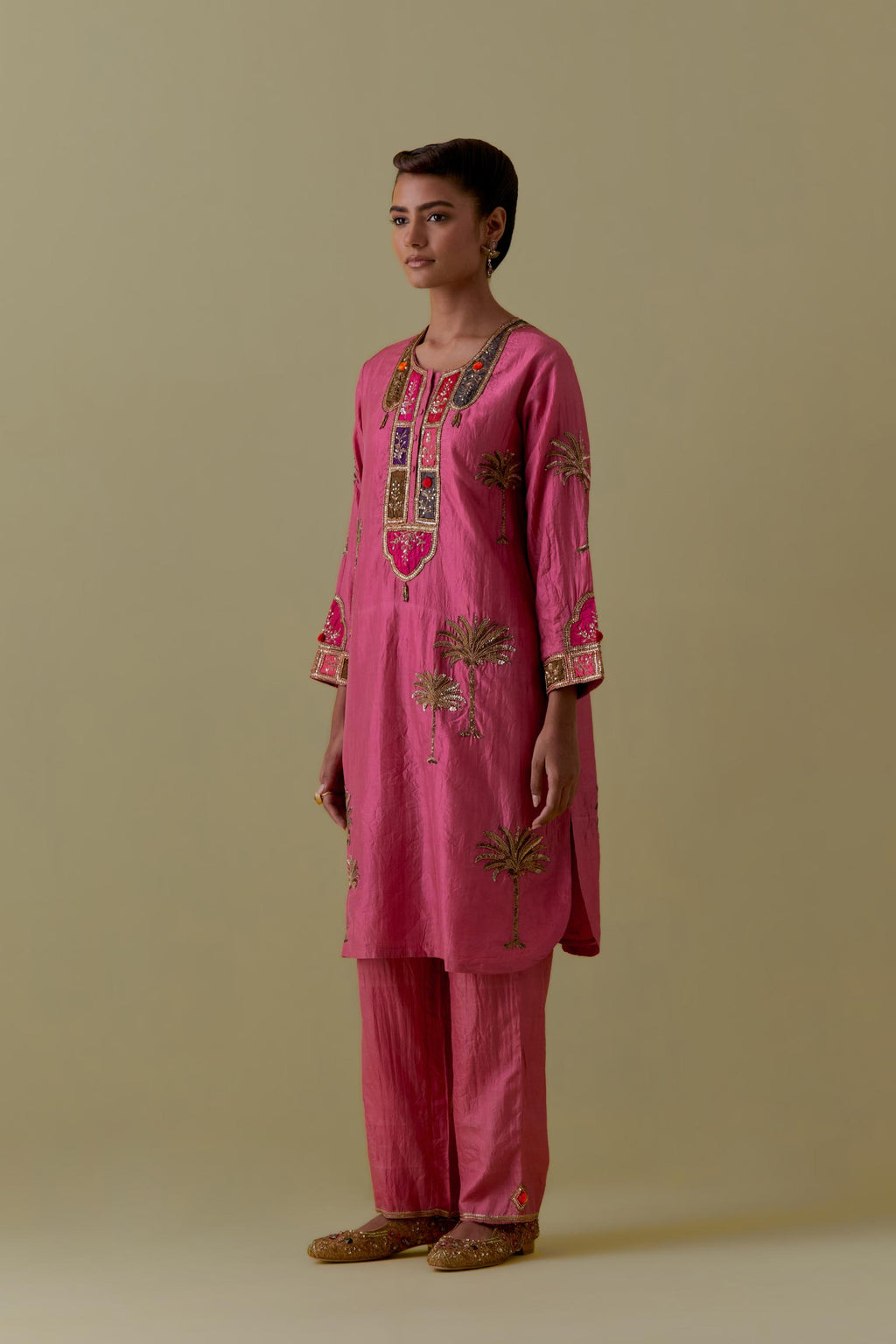 Pink Silk Kurta set with Multicoloured Appliqué & Palm Motifs.