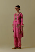 Pink Silk Kurta set with Multicoloured Appliqué & Palm Motifs.