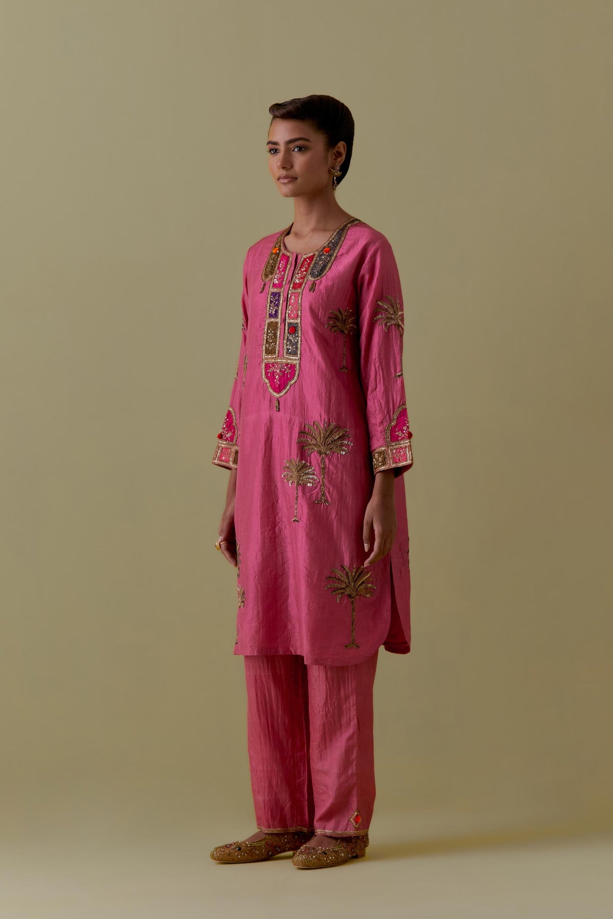 Pink Silk Kurta set with Multicoloured Appliqué & Palm Motifs.