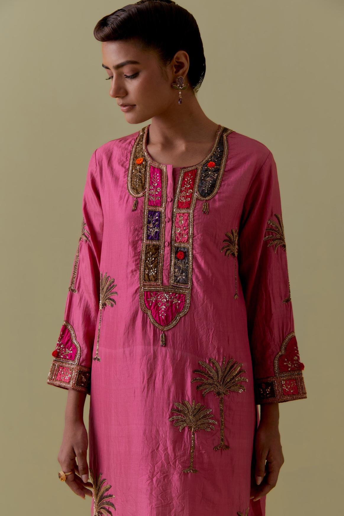 Pink Silk Kurta set with Multicoloured Appliqué & Palm Motifs.