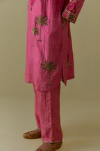 Pink Silk Kurta set with Multicoloured Appliqué & Palm Motifs.