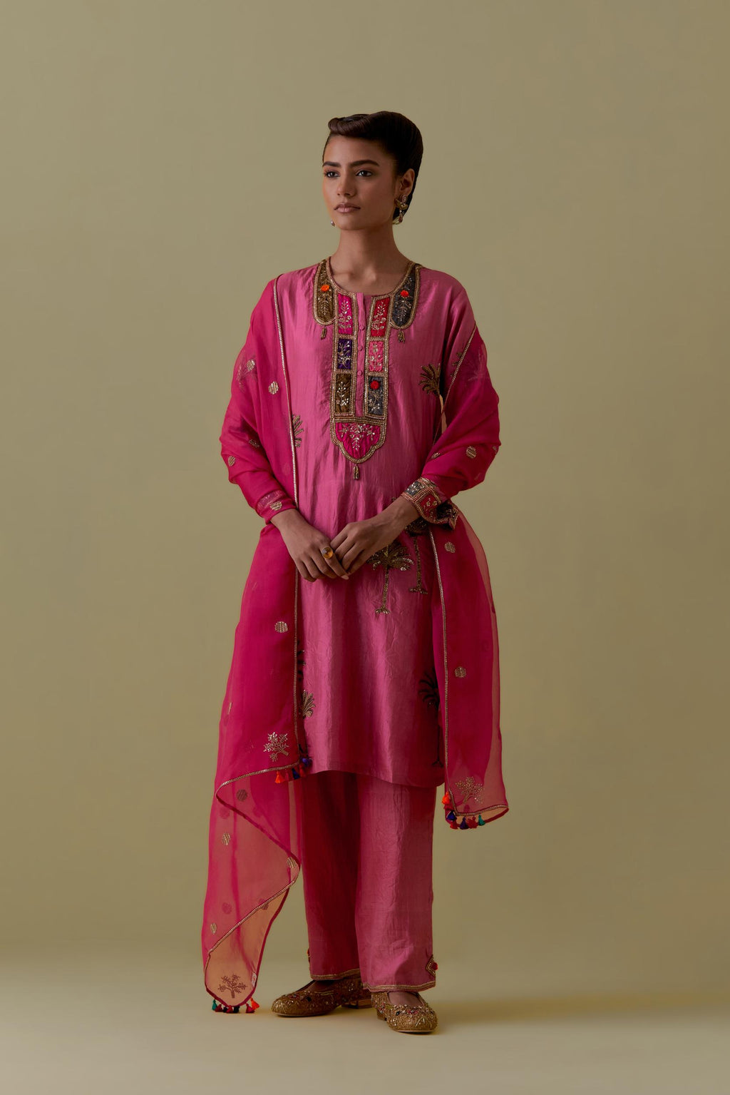 Pink Silk Kurta set with Multicoloured Appliqué & Palm Motifs.