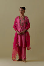Pink Silk Kurta set with Multicoloured Appliqué & Palm Motifs.