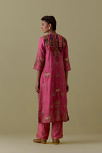 Pink silk striaght Kurta set with Multicoloured Appliqué & Deer Motifs.