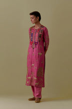 Pink silk striaght Kurta set with Multicoloured Appliqué & Deer Motifs.