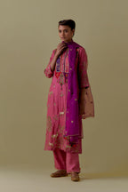 Pink silk striaght Kurta set with Multicoloured Appliqué & Deer Motifs.
