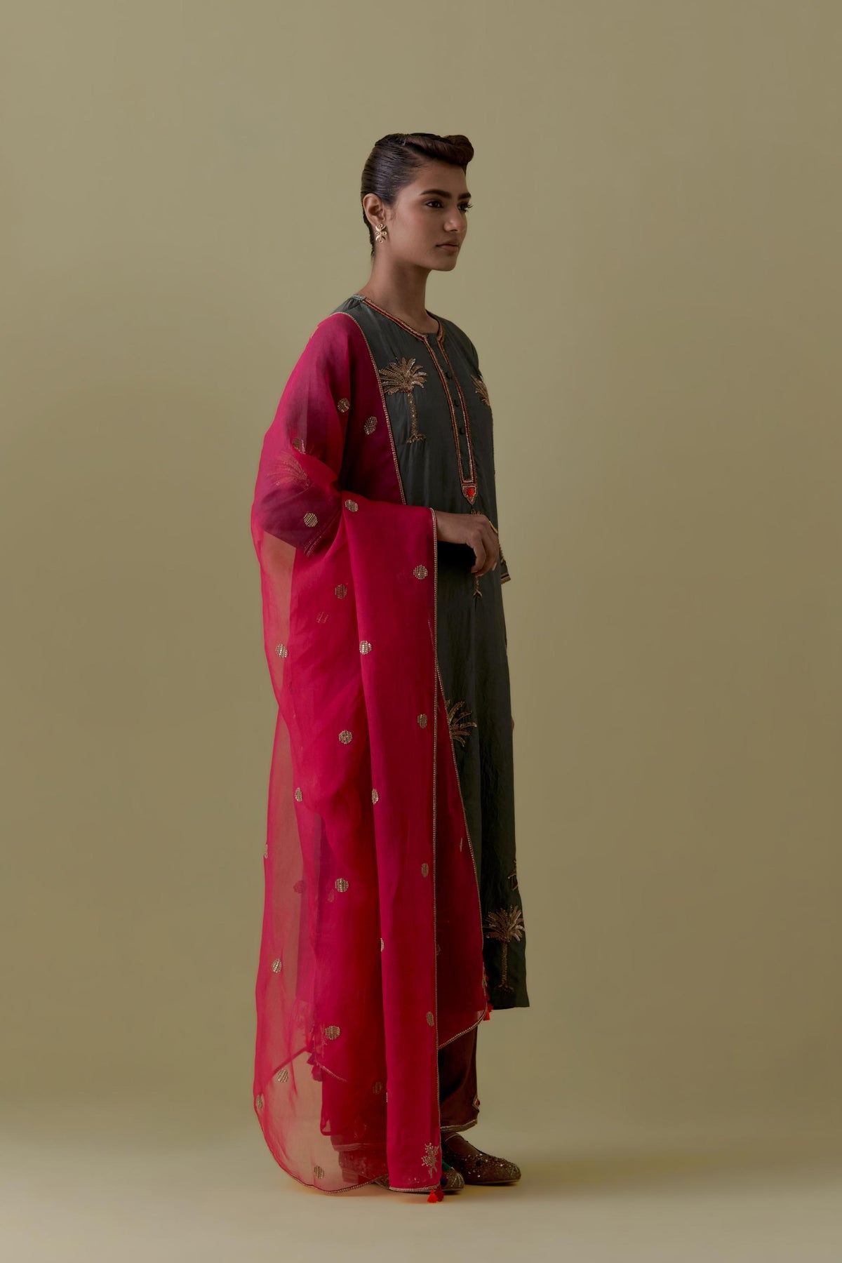 Fuchsia Silk Organza Dupatta with Gold bead and sequins Handwork