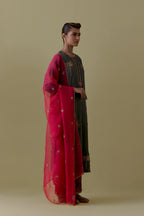 Green silk straight Kurta set with Hand-Worked Palm Motifs.