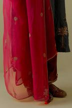 Fuchsia Silk Organza Dupatta with Gold bead and sequins Handwork