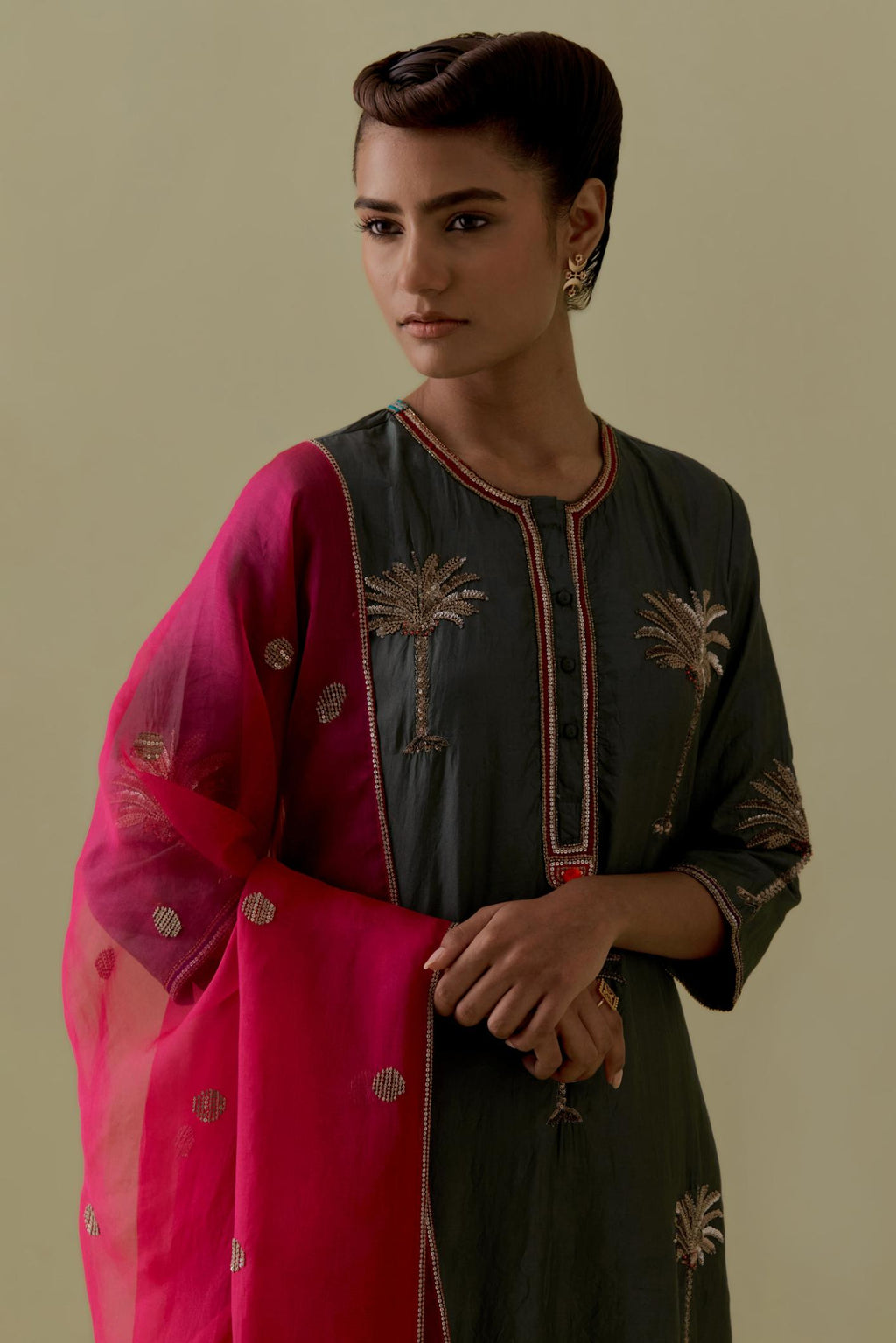 Fuchsia Silk Organza Dupatta with Gold bead and sequins Handwork