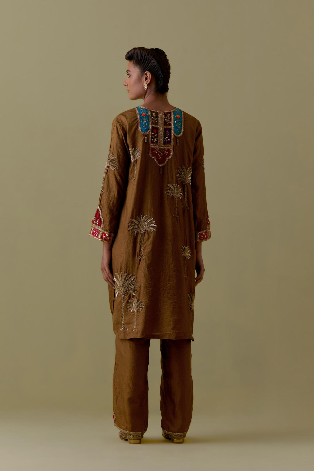 Olive Silk Kurta set with Multicoloured Appliqué & Palm Motifs.