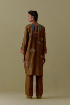 Olive Silk Kurta set with Multicoloured Appliqué & Palm Motifs.