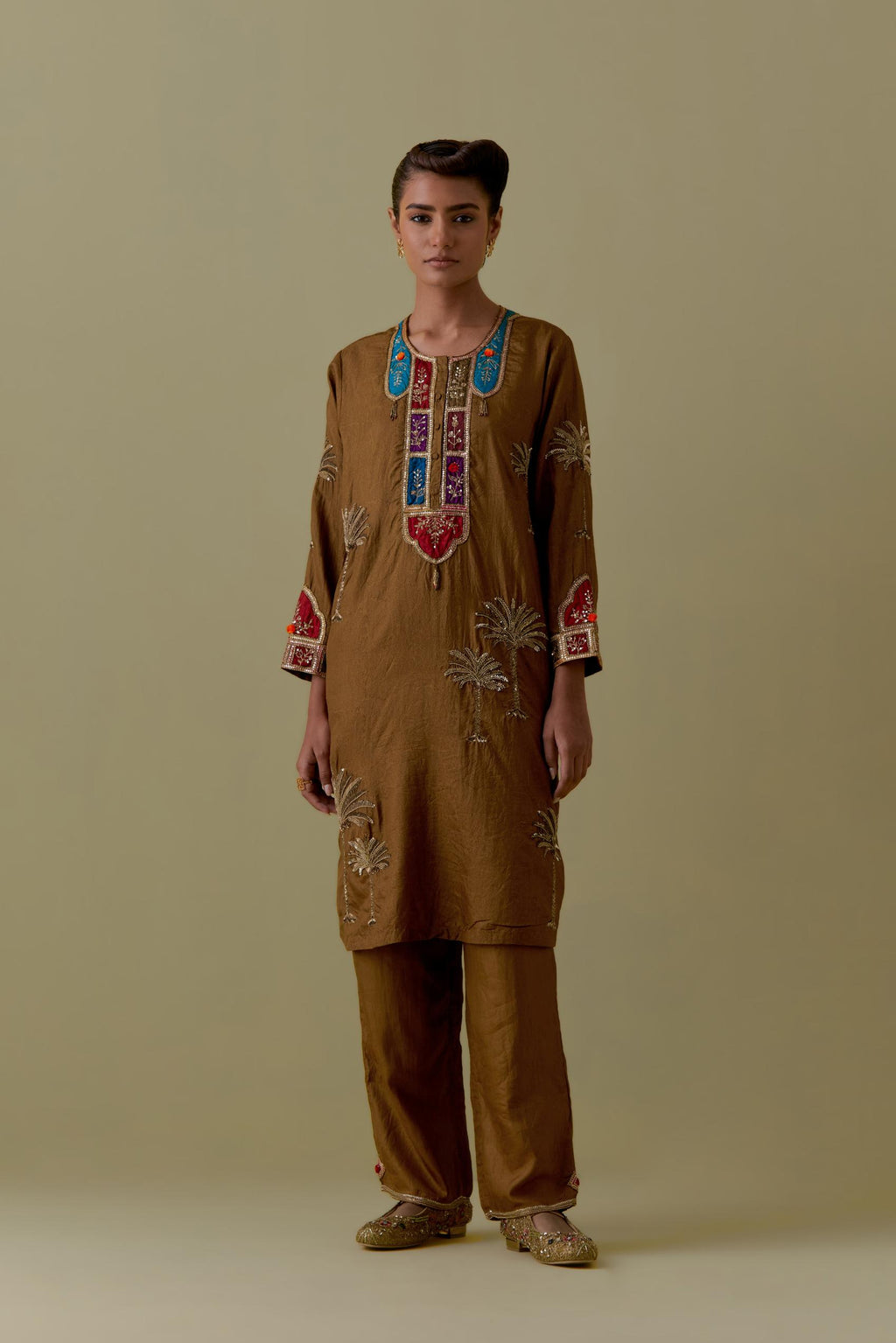Olive Silk Kurta set with Multicoloured Appliqué & Palm Motifs.