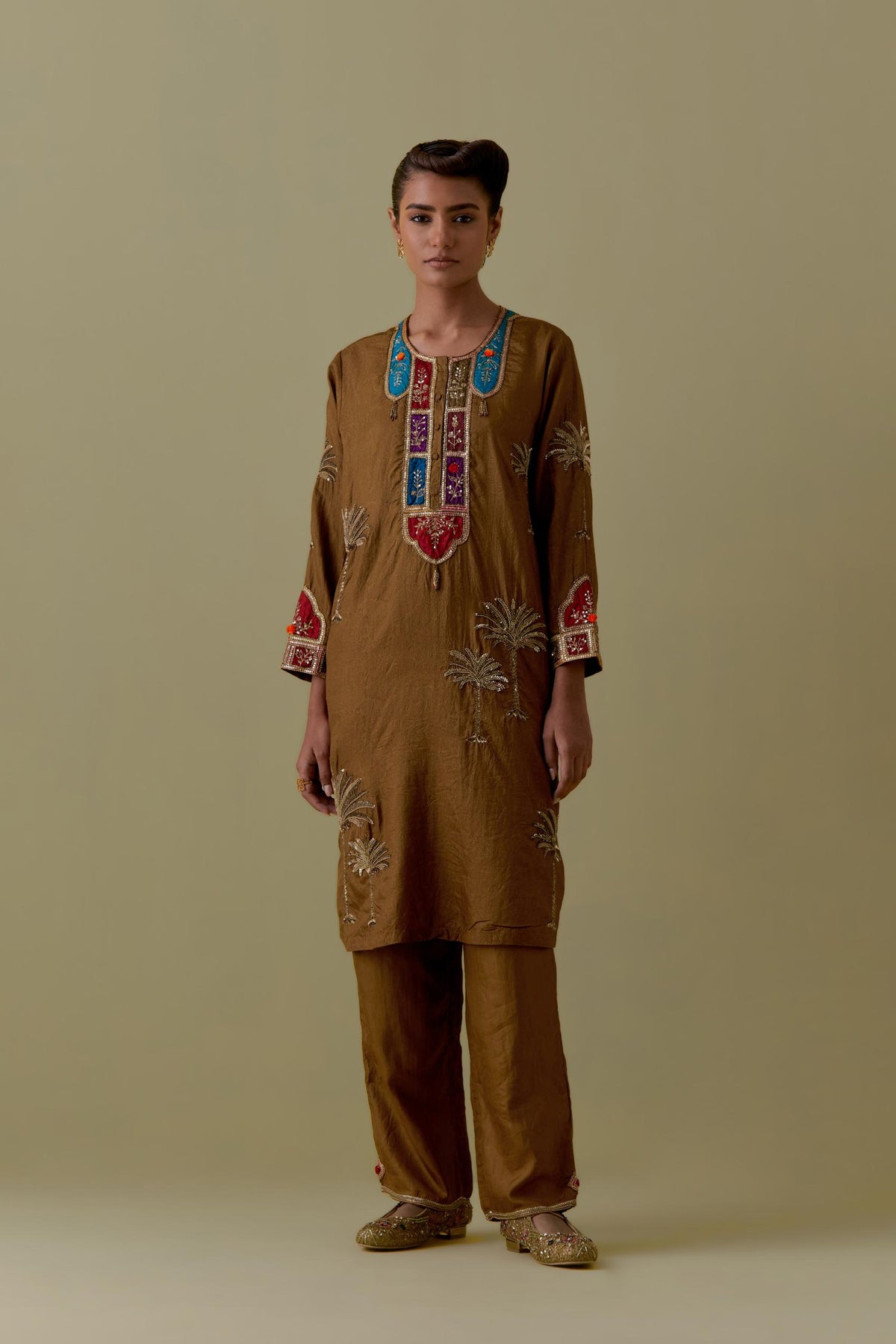 Olive Silk Kurta set with Multicoloured Appliqué & Palm Motifs.