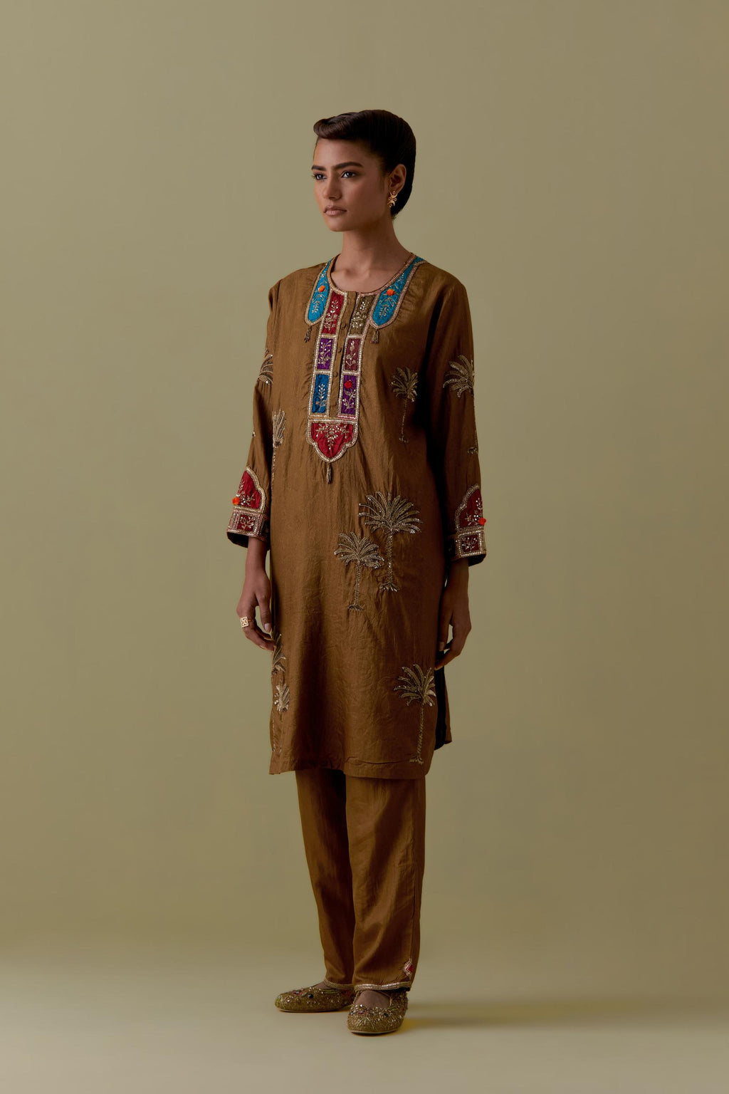 Olive Silk Kurta set with Multicoloured Appliqué & Palm Motifs.