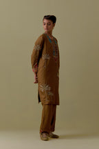 Olive Silk Kurta set with Multicoloured Appliqué & Palm Motifs.