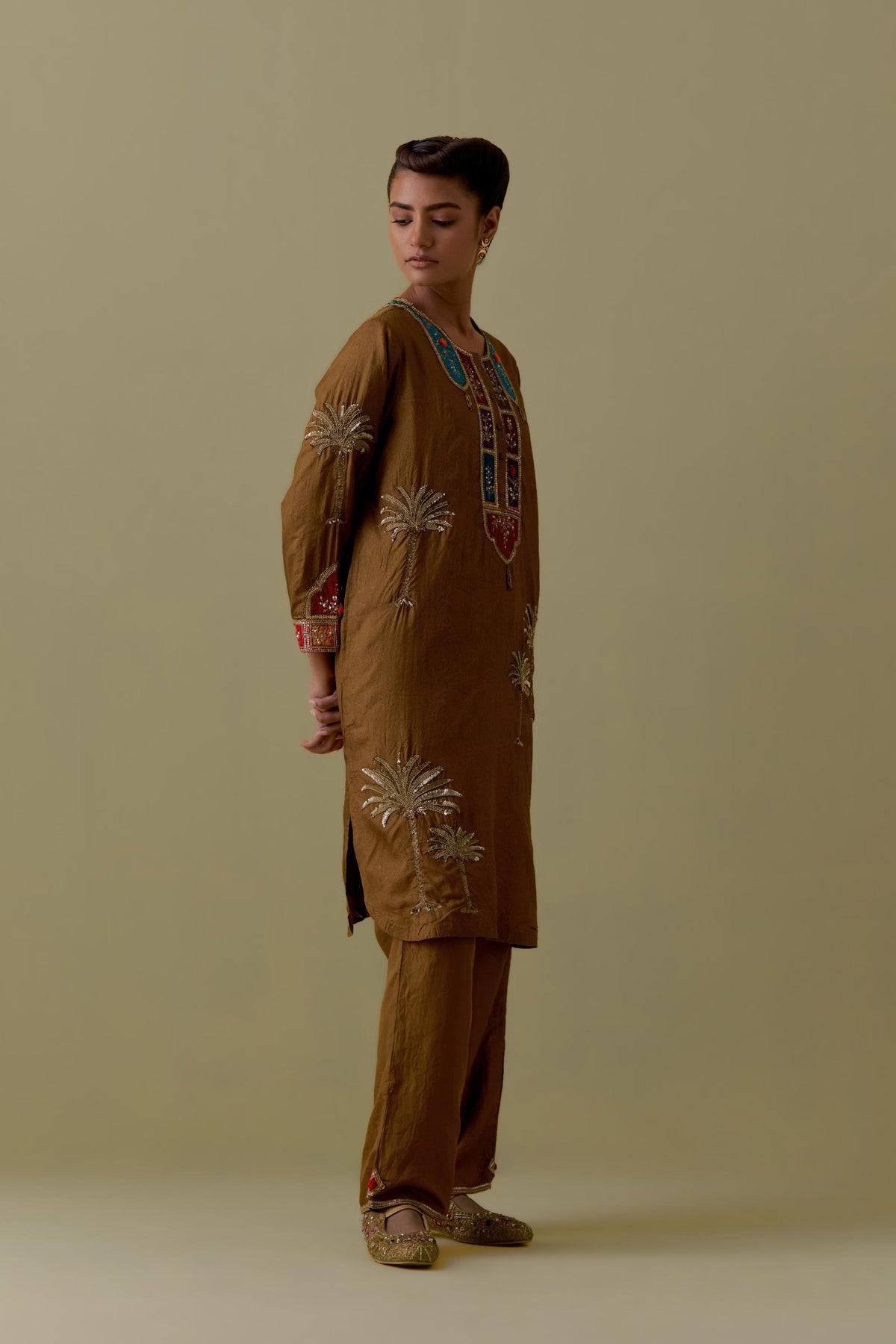 Olive Silk Kurta set with Multicoloured Appliqué & Palm Motifs.