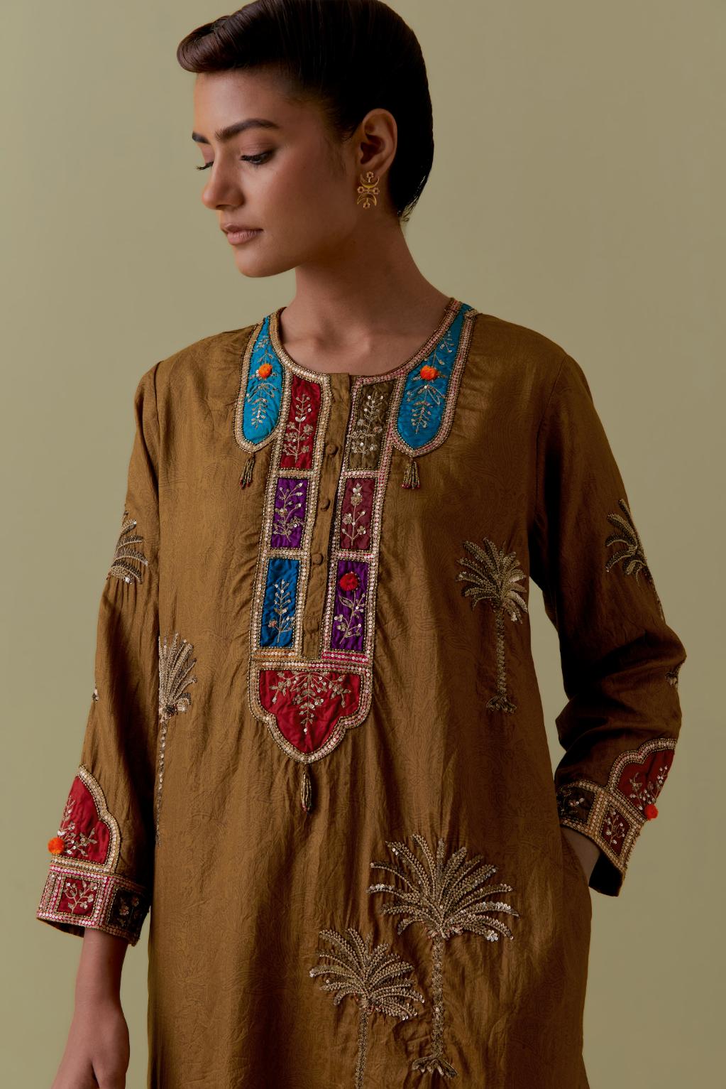Olive Silk Kurta set with Multicoloured Appliqué & Palm Motifs.