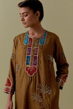 Olive Silk Kurta set with Multicoloured Appliqué & Palm Motifs.
