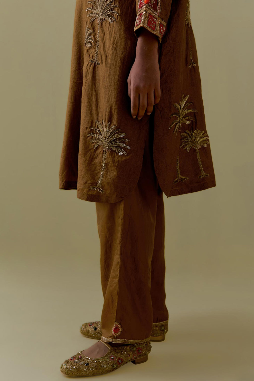 Olive Silk Kurta set with Multicoloured Appliqué & Palm Motifs.