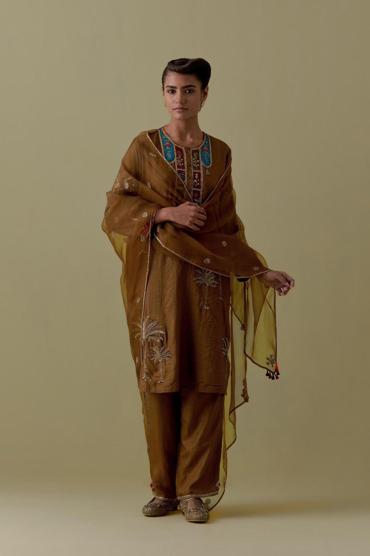 Olive Silk Kurta set with Multicoloured Appliqué & Palm Motifs.